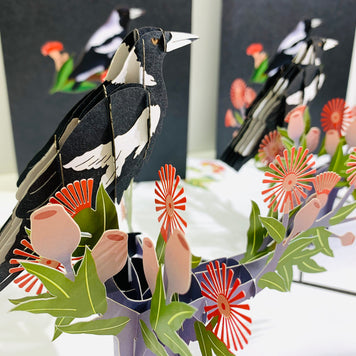 Australian Magpie Black & White Bird with Native Red Gumnut Blossom Wildflower Origami Pop Cards 3D Pop Up Greeting Card Happy Birthday Thank You Handmade Gift Thinking of You Blank Card for Any Occasion Happy Mother's Day Happy Father's Australiana
