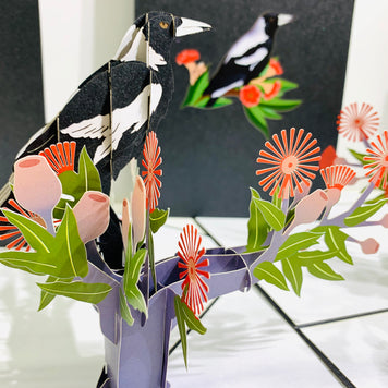 Australian Magpie Black & White Bird with Native Red Gumnut Blossom Wildflower Origami Pop Cards 3D Pop Up Greeting Card Happy Birthday Thank You Handmade Gift Thinking of You Blank Card for Any Occasion Happy Mother's Day Happy Father's Australiana