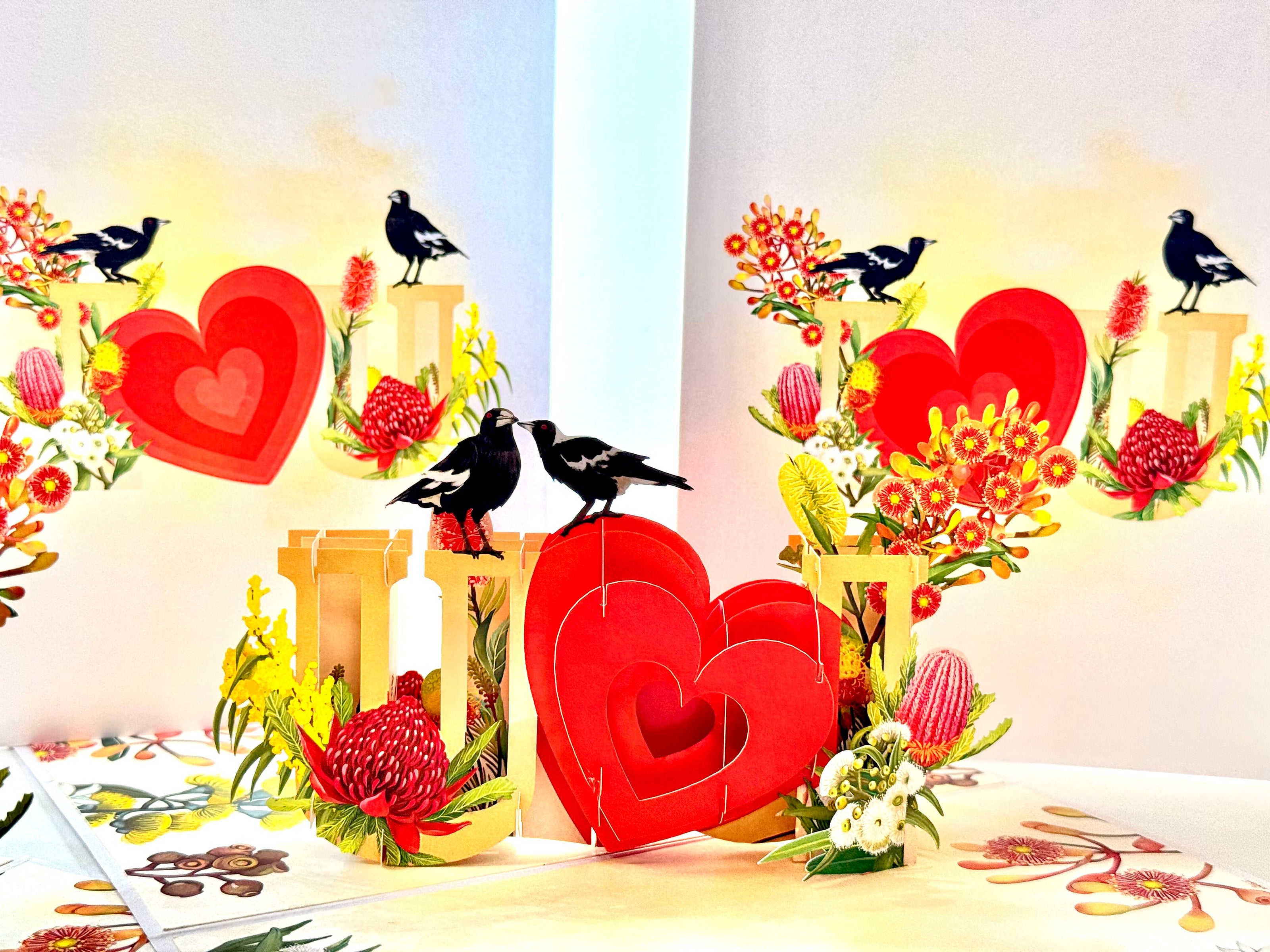 Australian Magpie LOVE Birds with Australian Native Flowers 3D POP UP GREETING CARD - Created by Origami Pop Cards Australian Design & Handmade 3D Pop Up Magical Paper Cards, Handmade Pop Up Cards Happy Valentine's Day Celebrate Heart Fell and Romantic