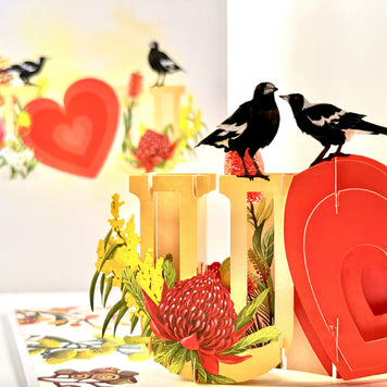 Australian Magpie LOVE Birds with Australian Native Flowers 3D POP UP GREETING CARD - Created by Origami Pop Cards Australian Design & Handmade 3D Pop Up Magical Paper Cards, Handmade Pop Up Cards Happy Valentine's Day Celebrate Heart Fell and Romantic