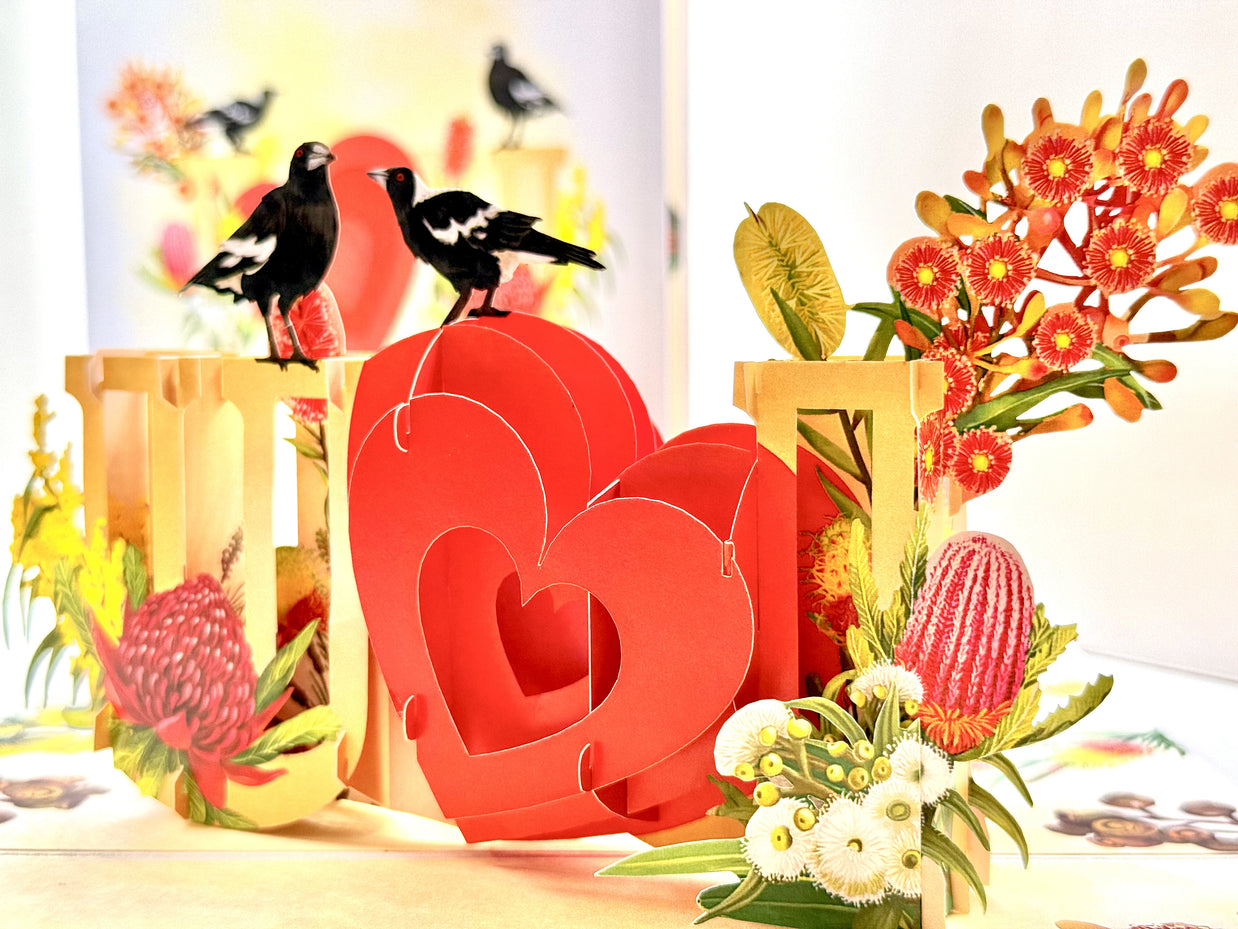 Australian Magpie LOVE Birds with Australian Native Flowers 3D POP UP GREETING CARD - Created by Origami Pop Cards Australian Design & Handmade 3D Pop Up Magical Paper Cards, Handmade Pop Up Cards Happy Valentine's Day Celebrate Heart Fell and Romantic