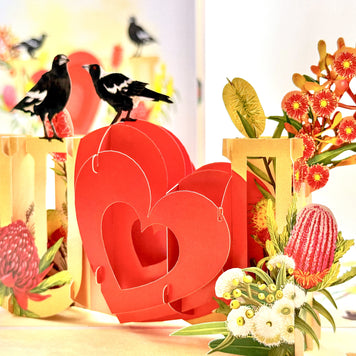 Australian Magpie LOVE Birds with Australian Native Flowers 3D POP UP GREETING CARD - Created by Origami Pop Cards Australian Design & Handmade 3D Pop Up Magical Paper Cards, Handmade Pop Up Cards Happy Valentine's Day Celebrate Heart Fell and Romantic