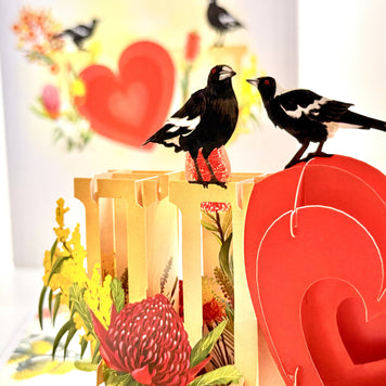 Australian Magpie LOVE Birds with Australian Native Flowers 3D POP UP GREETING CARD - Created by Origami Pop Cards Australian Design & Handmade 3D Pop Up Magical Paper Cards, Handmade Pop Up Cards Happy Valentine's Day Celebrate Heart Fell and Romantic
