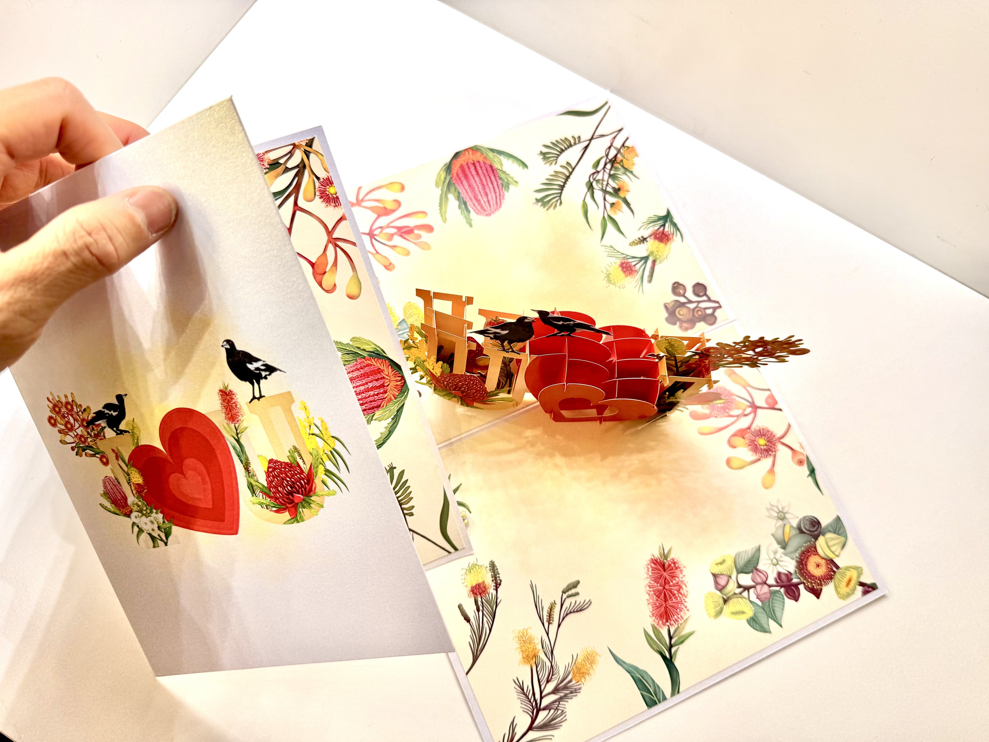 Australian Magpie LOVE Birds with Australian Native Flowers 3D POP UP GREETING CARD - Created by Origami Pop Cards Australian Design & Handmade 3D Pop Up Magical Paper Cards, Handmade Pop Up Cards Happy Valentine's Day Celebrate Heart Fell and Romantic