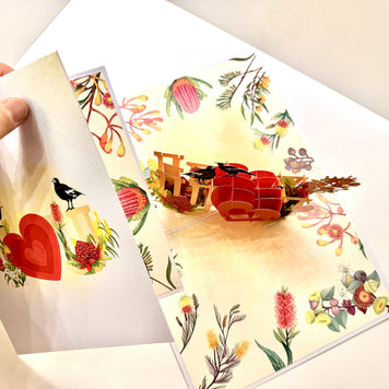 Australian Magpie LOVE Birds with Australian Native Flowers 3D POP UP GREETING CARD - Created by Origami Pop Cards Australian Design & Handmade 3D Pop Up Magical Paper Cards, Handmade Pop Up Cards Happy Valentine's Day Celebrate Heart Fell and Romantic