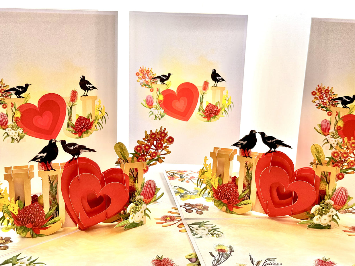 Australian Magpie LOVE Birds with Australian Native Flowers 3D POP UP GREETING CARD - Created by Origami Pop Cards Australian Design & Handmade 3D Pop Up Magical Paper Cards, Handmade Pop Up Cards Happy Valentine's Day Celebrate Heart Fell and Romantic