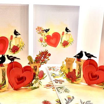 Australian Magpie LOVE Birds with Australian Native Flowers 3D POP UP GREETING CARD - Created by Origami Pop Cards Australian Design & Handmade 3D Pop Up Magical Paper Cards, Handmade Pop Up Cards Happy Valentine's Day Celebrate Heart Fell and Romantic