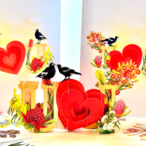 Australian Magpie LOVE Birds with Australian Native Flowers 3D POP UP GREETING CARD - Created by Origami Pop Cards Australian Design & Handmade 3D Pop Up Magical Paper Cards, Handmade Pop Up Cards Happy Valentine's Day Celebrate Heart Fell and Romantic