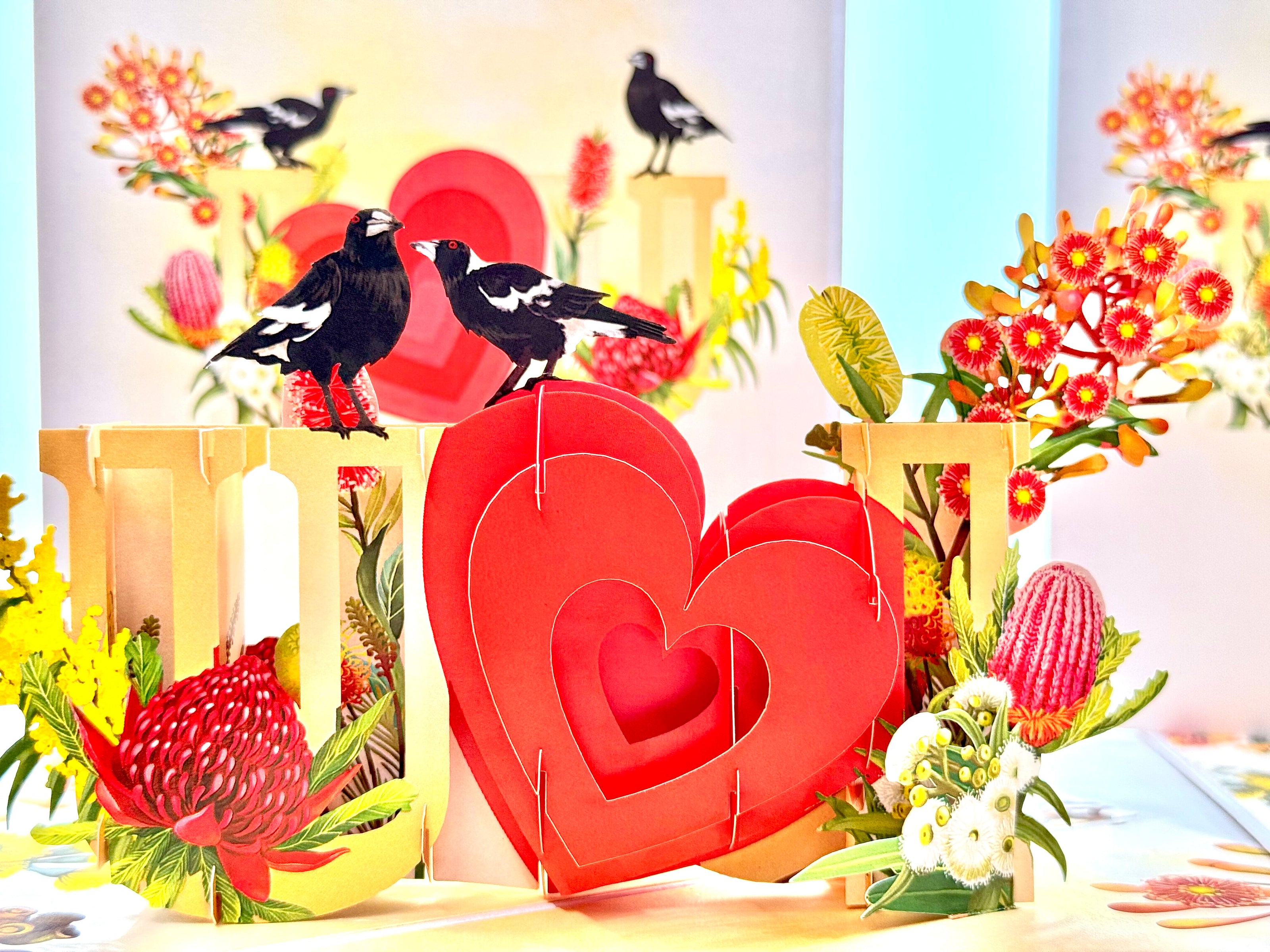 Australian Magpie LOVE Birds with Australian Native Flowers 3D POP UP GREETING CARD - Created by Origami Pop Cards Australian Design & Handmade 3D Pop Up Magical Paper Cards, Handmade Pop Up Cards Happy Valentine's Day Celebrate Heart Fell and Romantic
