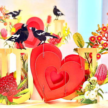 Australian Magpie LOVE Birds with Australian Native Flowers 3D POP UP GREETING CARD - Created by Origami Pop Cards Australian Design & Handmade 3D Pop Up Magical Paper Cards, Handmade Pop Up Cards Happy Valentine's Day Celebrate Heart Fell and Romantic