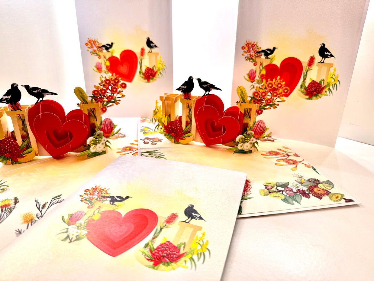 Australian Magpie LOVE Birds with Australian Native Flowers 3D POP UP GREETING CARD - Created by Origami Pop Cards Australian Design & Handmade 3D Pop Up Magical Paper Cards, Handmade Pop Up Cards Happy Valentine's Day Celebrate Heart Fell and Romantic