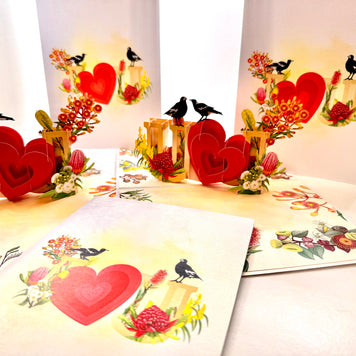 Australian Magpie LOVE Birds with Australian Native Flowers 3D POP UP GREETING CARD - Created by Origami Pop Cards Australian Design & Handmade 3D Pop Up Magical Paper Cards, Handmade Pop Up Cards Happy Valentine's Day Celebrate Heart Fell and Romantic