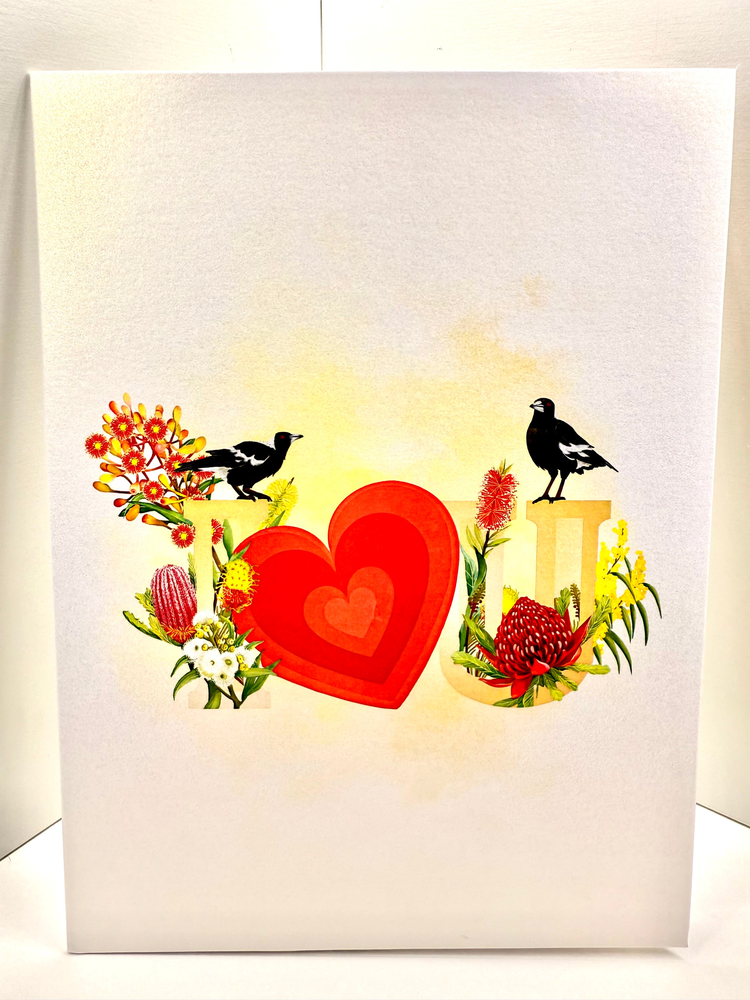 Australian Magpie LOVE Birds with Australian Native Flowers 3D POP UP GREETING CARD - Created by Origami Pop Cards Australian Design & Handmade 3D Pop Up Magical Paper Cards, Handmade Pop Up Cards Happy Valentine's Day Celebrate Heart Fell and Romantic