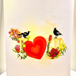 Australian Magpie LOVE Birds with Australian Native Flowers 3D POP UP GREETING CARD - Created by Origami Pop Cards Australian Design & Handmade 3D Pop Up Magical Paper Cards, Handmade Pop Up Cards Happy Valentine's Day Celebrate Heart Fell and Romantic