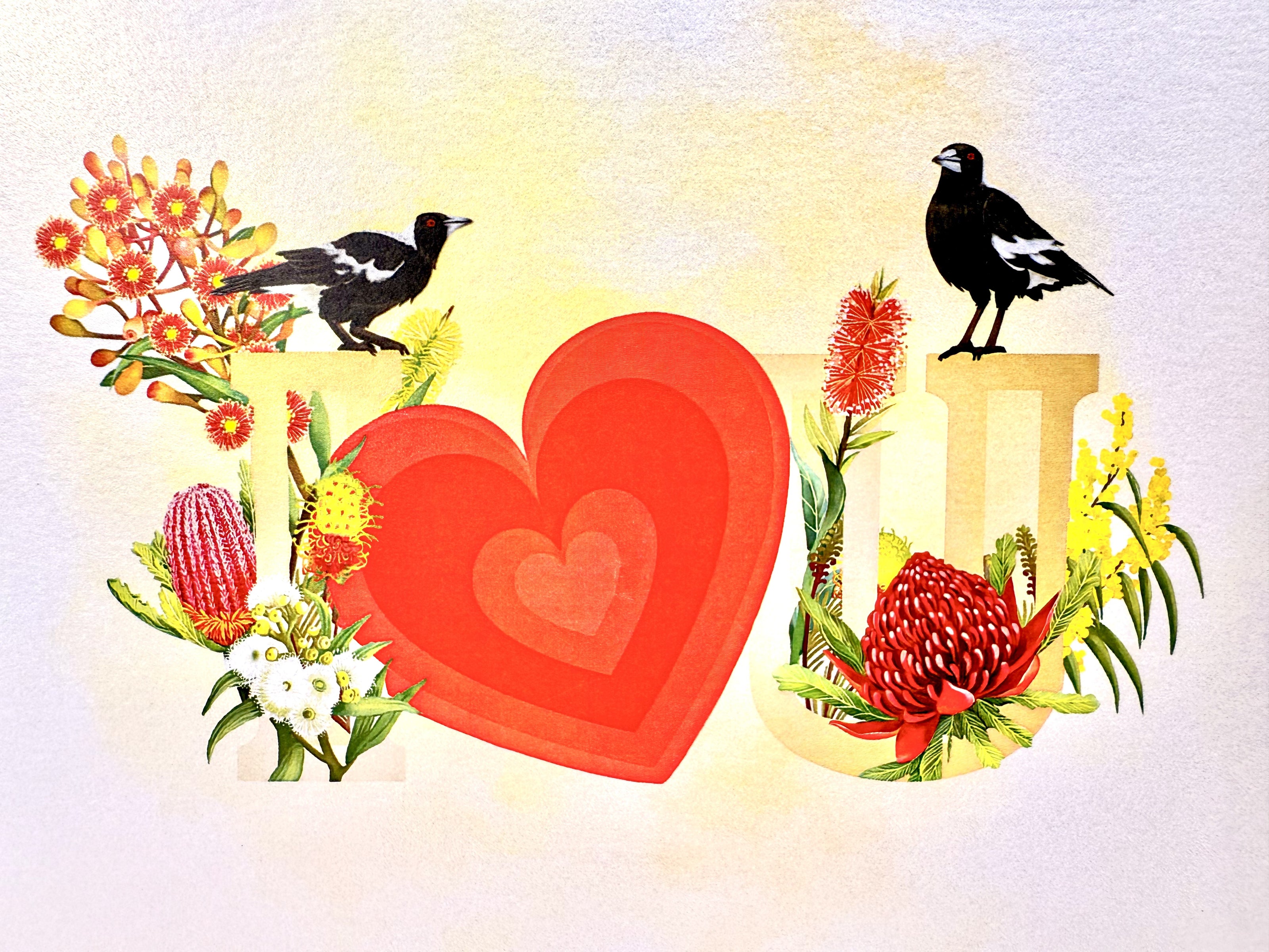 Australian Magpie LOVE Birds with Australian Native Flowers 3D POP UP GREETING CARD - Created by Origami Pop Cards Australian Design & Handmade 3D Pop Up Magical Paper Cards, Handmade Pop Up Cards Happy Valentine's Day Celebrate Heart Fell and Romantic