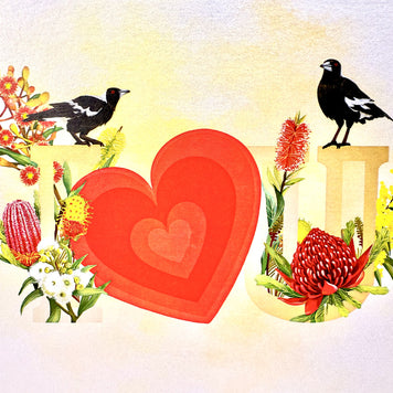 Australian Magpie LOVE Birds with Australian Native Flowers 3D POP UP GREETING CARD - Created by Origami Pop Cards Australian Design & Handmade 3D Pop Up Magical Paper Cards, Handmade Pop Up Cards Happy Valentine's Day Celebrate Heart Fell and Romantic