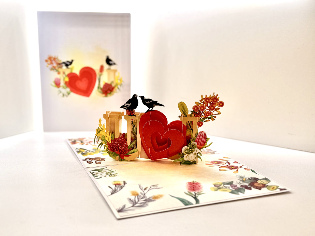 Australian Magpie LOVE Birds with Australian Native Flowers 3D POP UP GREETING CARD - Created by Origami Pop Cards Australian Design & Handmade 3D Pop Up Magical Paper Cards, Handmade Pop Up Cards Happy Valentine's Day Celebrate Heart Fell and Romantic