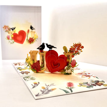 Australian Magpie LOVE Birds with Australian Native Flowers 3D POP UP GREETING CARD - Created by Origami Pop Cards Australian Design & Handmade 3D Pop Up Magical Paper Cards, Handmade Pop Up Cards Happy Valentine's Day Celebrate Heart Fell and Romantic