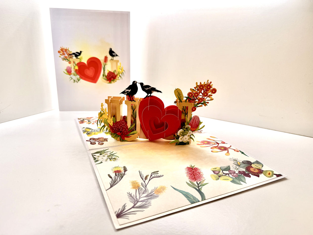 Australian Magpie LOVE Birds with Australian Native Flowers 3D POP UP GREETING CARD - Created by Origami Pop Cards Australian Design & Handmade 3D Pop Up Magical Paper Cards, Handmade Pop Up Cards Happy Valentine's Day Celebrate Heart Fell and Romantic