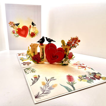 Australian Magpie LOVE Birds with Australian Native Flowers 3D POP UP GREETING CARD - Created by Origami Pop Cards Australian Design & Handmade 3D Pop Up Magical Paper Cards, Handmade Pop Up Cards Happy Valentine's Day Celebrate Heart Fell and Romantic