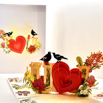 Australian Magpie LOVE Birds with Australian Native Flowers 3D POP UP GREETING CARD - Created by Origami Pop Cards Australian Design & Handmade 3D Pop Up Magical Paper Cards, Handmade Pop Up Cards Happy Valentine's Day Celebrate Heart Fell and Romantic