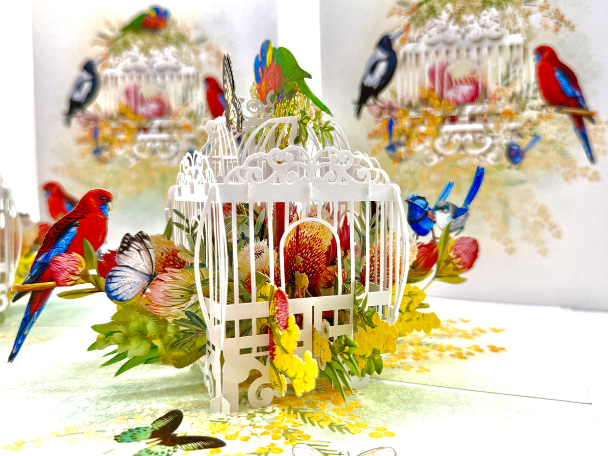 Australian Native Bird Cage with Flowers & Butterflies Origami Pop Cards 3D Pop Up Greeting Card Celebrate Happy Birthday Thank You Handmade Best Wishes Gift Thinking of You Blank Card for Any Occasion Happy Mother's Day Happy Father's Day Australiana