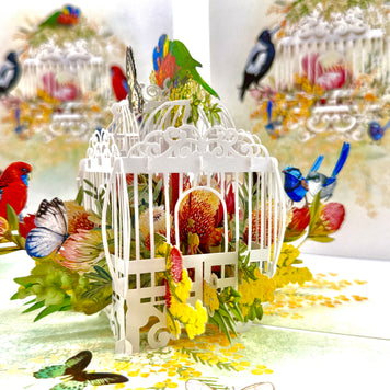 Australian Native Bird Cage with Flowers & Butterflies Origami Pop Cards 3D Pop Up Greeting Card Celebrate Happy Birthday Thank You Handmade Best Wishes Gift Thinking of You Blank Card for Any Occasion Happy Mother's Day Happy Father's Day Australiana