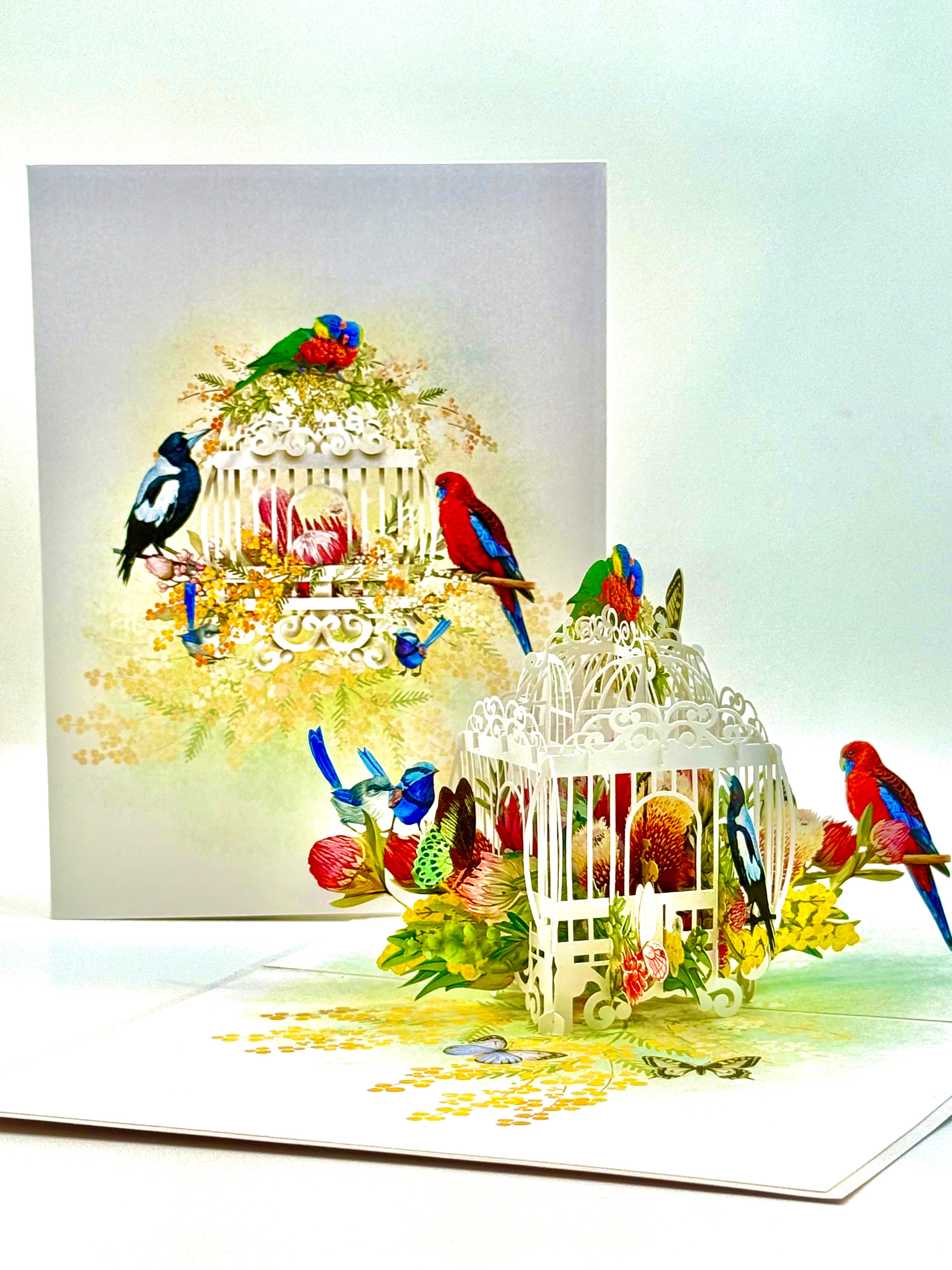 Australian Native Bird Cage with Flowers & Butterflies Origami Pop Cards 3D Pop Up Greeting Card Celebrate Happy Birthday Thank You Handmade Best Wishes Gift Thinking of You Blank Card for Any Occasion Happy Mother's Day Happy Father's Day Australiana