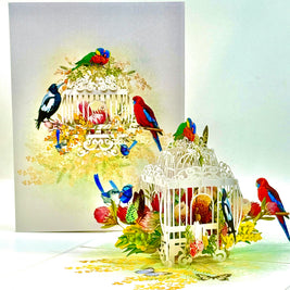 Australian Native Bird Cage with Flowers & Butterflies Origami Pop Cards 3D Pop Up Greeting Card Celebrate Happy Birthday Thank You Handmade Best Wishes Gift Thinking of You Blank Card for Any Occasion Happy Mother's Day Happy Father's Day Australiana
