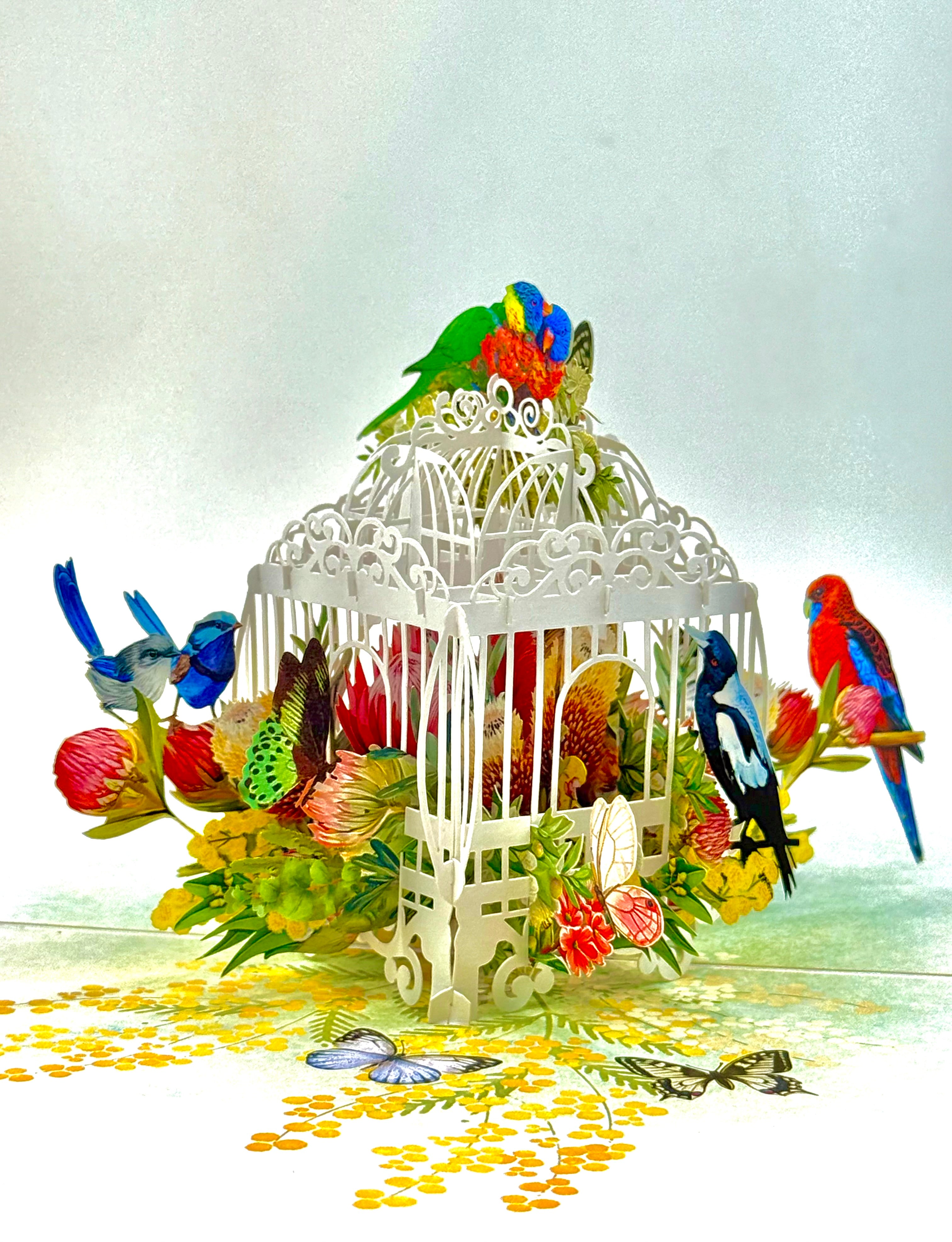Australian Native Bird Cage with Flowers & Butterflies Origami Pop Cards 3D Pop Up Greeting Card Celebrate Happy Birthday Thank You Handmade Best Wishes Gift Thinking of You Blank Card for Any Occasion Happy Mother's Day Happy Father's Day Australiana
