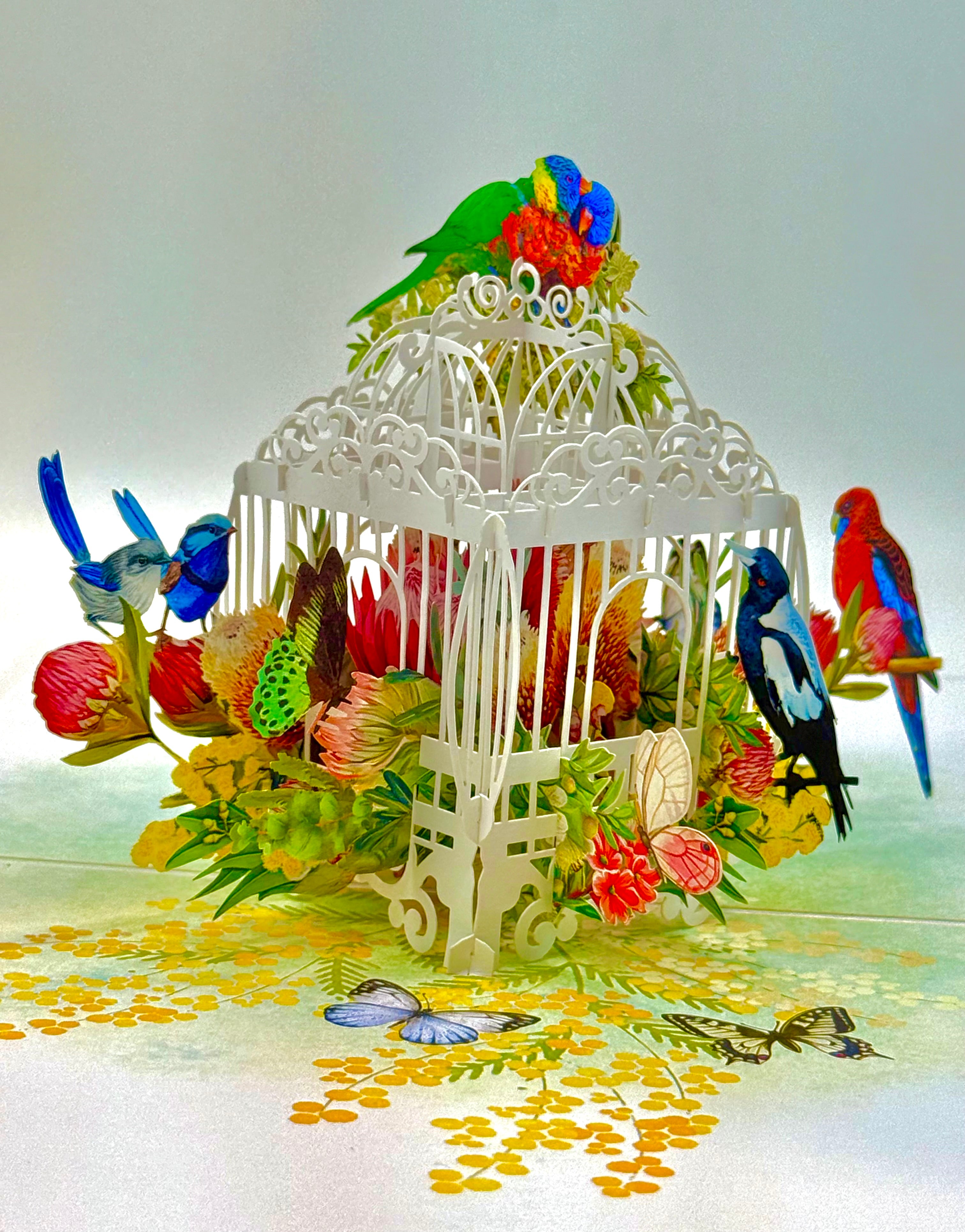 Australian Native Bird Cage with Flowers & Butterflies Origami Pop Cards 3D Pop Up Greeting Card Celebrate Happy Birthday Thank You Handmade Best Wishes Gift Thinking of You Blank Card for Any Occasion Happy Mother's Day Happy Father's Day Australiana