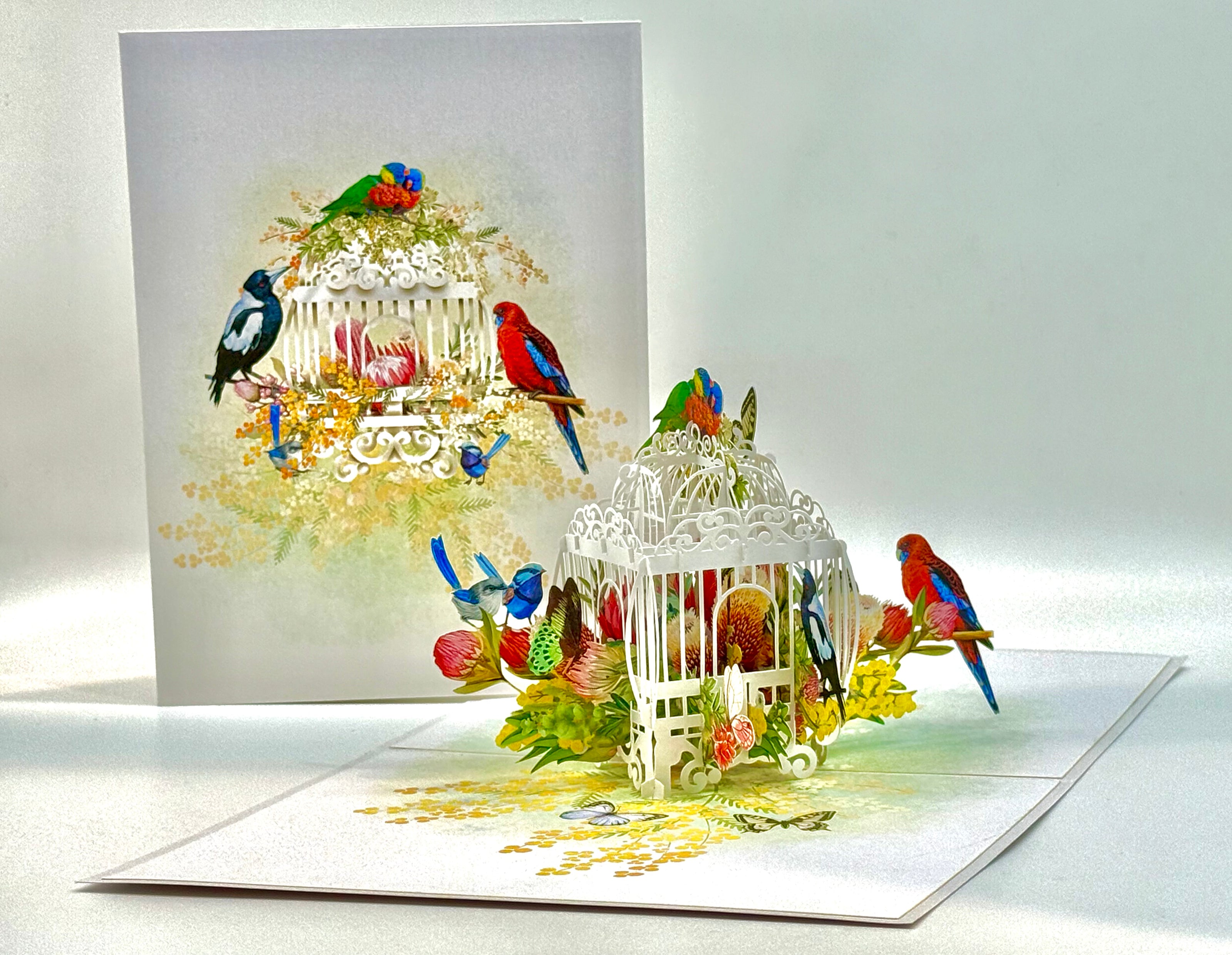 Australian Native Bird Cage with Flowers & Butterflies Origami Pop Cards 3D Pop Up Greeting Card Celebrate Happy Birthday Thank You Handmade Best Wishes Gift Thinking of You Blank Card for Any Occasion Happy Mother's Day Happy Father's Day Australiana