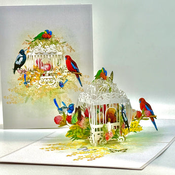 Australian Native Bird Cage with Flowers & Butterflies Origami Pop Cards 3D Pop Up Greeting Card Celebrate Happy Birthday Thank You Handmade Best Wishes Gift Thinking of You Blank Card for Any Occasion Happy Mother's Day Happy Father's Day Australiana