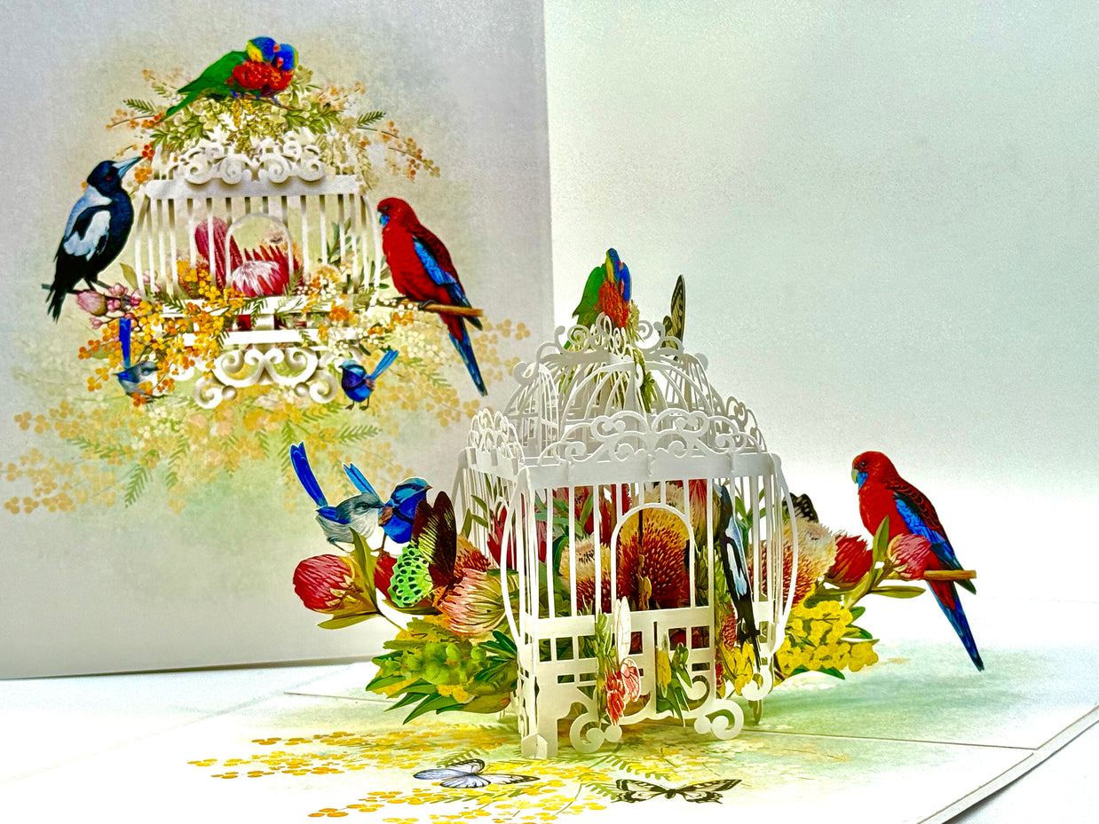 Australian Native Bird Cage with Flowers & Butterflies Origami Pop Cards 3D Pop Up Greeting Card Celebrate Happy Birthday Thank You Handmade Best Wishes Gift Thinking of You Blank Card for Any Occasion Happy Mother's Day Happy Father's Day Australiana
