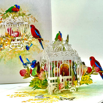 Australian Native Bird Cage with Flowers & Butterflies Origami Pop Cards 3D Pop Up Greeting Card Celebrate Happy Birthday Thank You Handmade Best Wishes Gift Thinking of You Blank Card for Any Occasion Happy Mother's Day Happy Father's Day Australiana