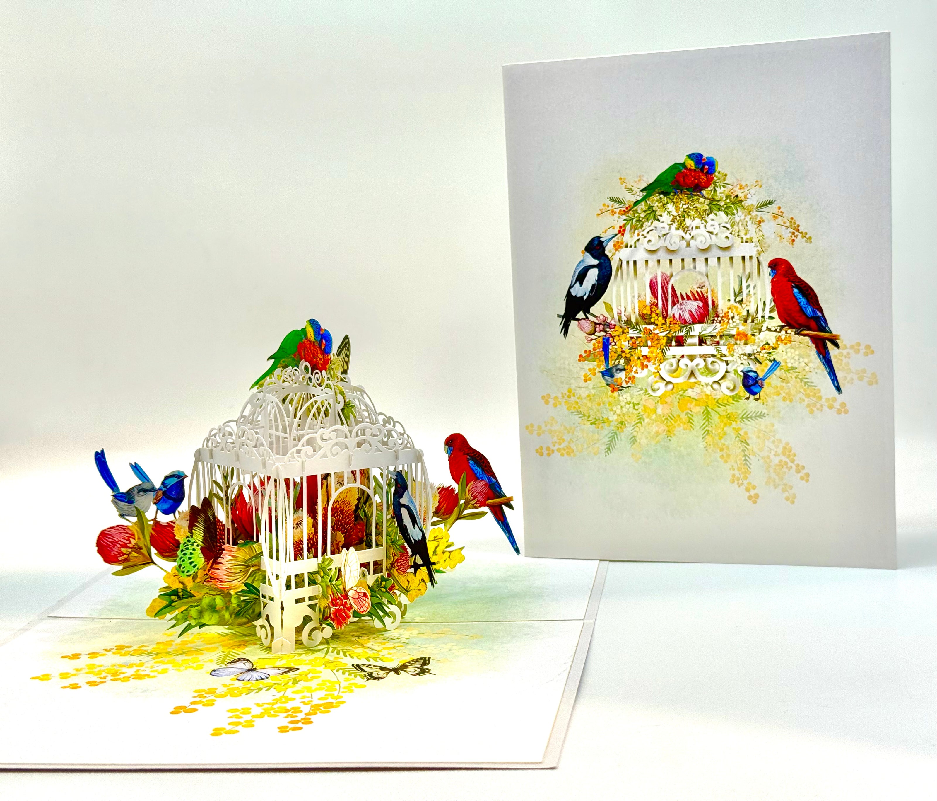 Australian Native Bird Cage with Flowers & Butterflies Origami Pop Cards 3D Pop Up Greeting Card Celebrate Happy Birthday Thank You Handmade Best Wishes Gift Thinking of You Blank Card for Any Occasion Happy Mother's Day Happy Father's Day Australiana