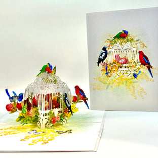 Australian Native Bird Cage with Flowers & Butterflies Origami Pop Cards 3D Pop Up Greeting Card Celebrate Happy Birthday Thank You Handmade Best Wishes Gift Thinking of You Blank Card for Any Occasion Happy Mother's Day Happy Father's Day Australiana
