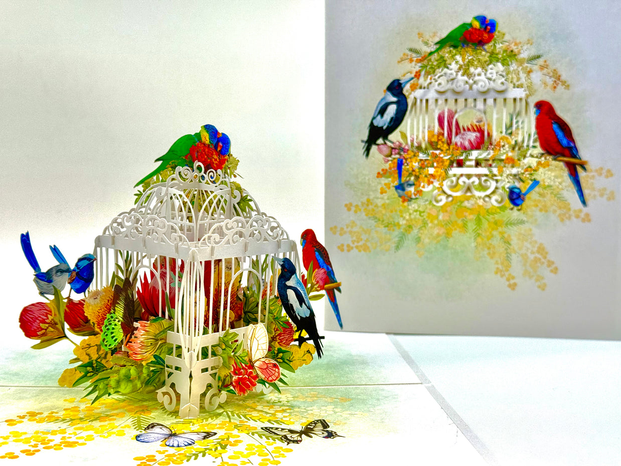 Australian Native Bird Cage with Flowers & Butterflies Origami Pop Cards 3D Pop Up Greeting Card Celebrate Happy Birthday Thank You Handmade Best Wishes Gift Thinking of You Blank Card for Any Occasion Happy Mother's Day Happy Father's Day Australiana