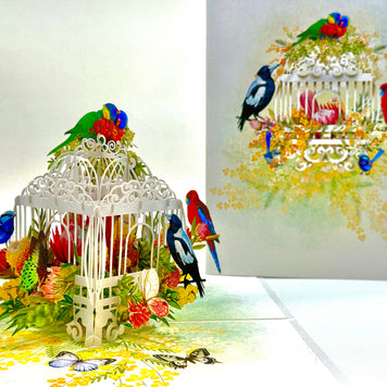 Australian Native Bird Cage with Flowers & Butterflies Origami Pop Cards 3D Pop Up Greeting Card Celebrate Happy Birthday Thank You Handmade Best Wishes Gift Thinking of You Blank Card for Any Occasion Happy Mother's Day Happy Father's Day Australiana