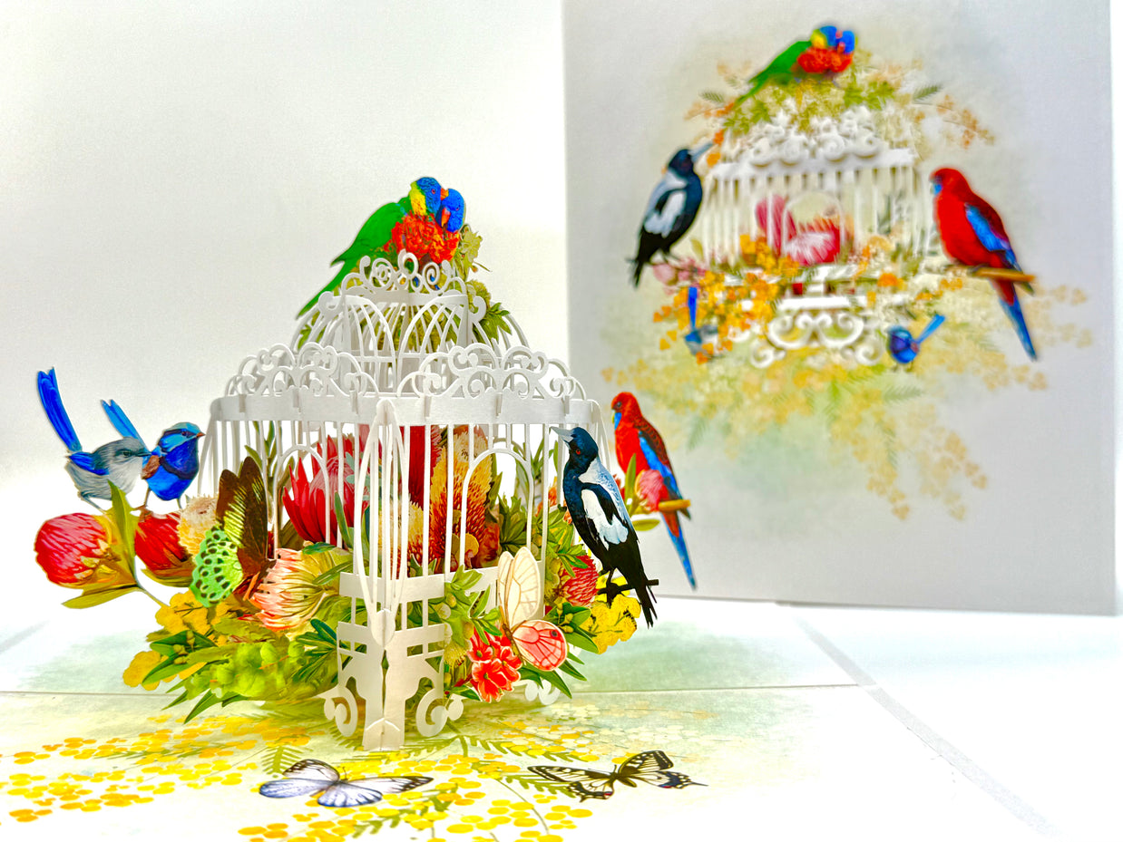 Australian Native Bird Cage with Flowers & Butterflies Origami Pop Cards 3D Pop Up Greeting Card Celebrate Happy Birthday Thank You Handmade Best Wishes Gift Thinking of You Blank Card for Any Occasion Happy Mother's Day Happy Father's Day Australiana