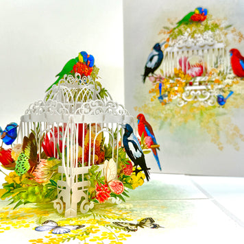 Australian Native Bird Cage with Flowers & Butterflies Origami Pop Cards 3D Pop Up Greeting Card Celebrate Happy Birthday Thank You Handmade Best Wishes Gift Thinking of You Blank Card for Any Occasion Happy Mother's Day Happy Father's Day Australiana