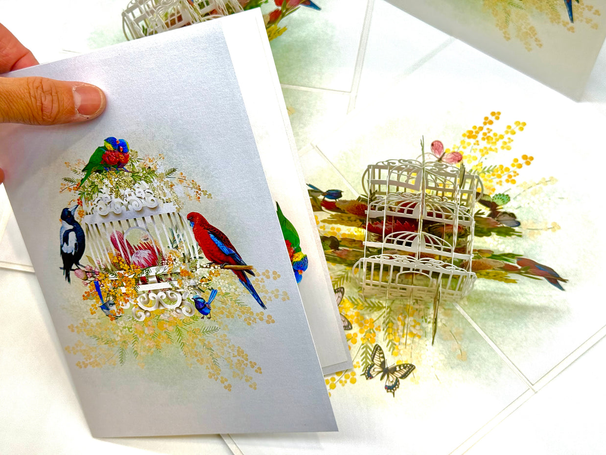 Australian Native Bird Cage with Flowers & Butterflies Origami Pop Cards 3D Pop Up Greeting Card Celebrate Happy Birthday Thank You Handmade Best Wishes Gift Thinking of You Blank Card for Any Occasion Happy Mother's Day Happy Father's Day Australiana