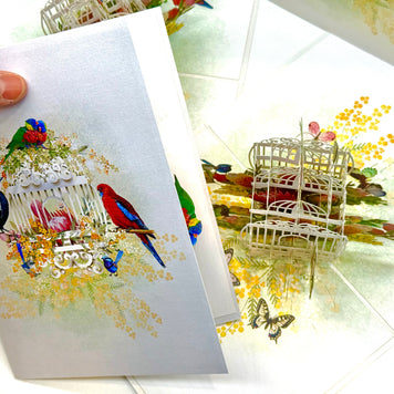 Australian Native Bird Cage with Flowers & Butterflies Origami Pop Cards 3D Pop Up Greeting Card Celebrate Happy Birthday Thank You Handmade Best Wishes Gift Thinking of You Blank Card for Any Occasion Happy Mother's Day Happy Father's Day Australiana