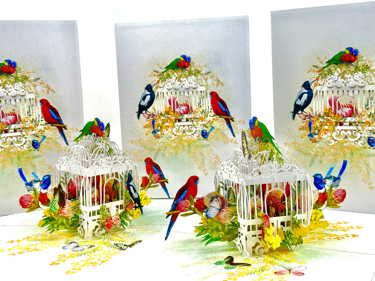 Australian Native Bird Cage with Flowers & Butterflies Origami Pop Cards 3D Pop Up Greeting Card Celebrate Happy Birthday Thank You Handmade Best Wishes Gift Thinking of You Blank Card for Any Occasion Happy Mother's Day Happy Father's Day Australiana