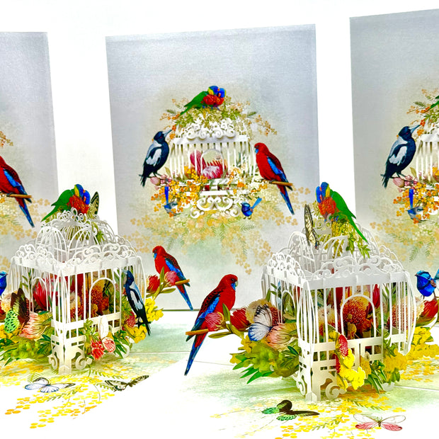 Australian Native Bird Cage with Flowers & Butterflies Origami Pop Cards 3D Pop Up Greeting Card Celebrate Happy Birthday Thank You Handmade Best Wishes Gift Thinking of You Blank Card for Any Occasion Happy Mother's Day Happy Father's Day Australiana