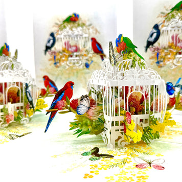 Australian Native Bird Cage with Flowers & Butterflies Origami Pop Cards 3D Pop Up Greeting Card Celebrate Happy Birthday Thank You Handmade Best Wishes Gift Thinking of You Blank Card for Any Occasion Happy Mother's Day Happy Father's Day Australiana