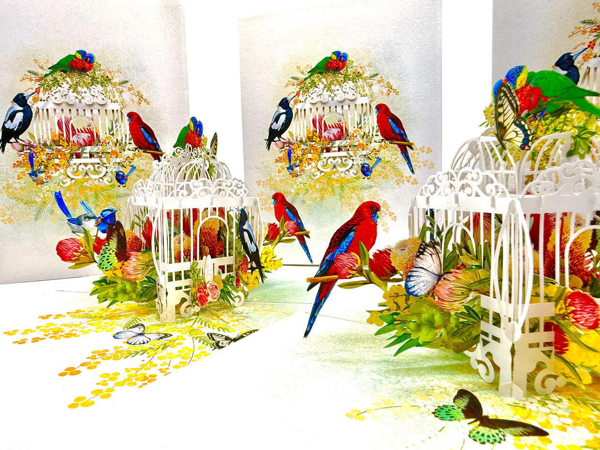 Australian Native Bird Cage with Flowers & Butterflies Origami Pop Cards 3D Pop Up Greeting Card Celebrate Happy Birthday Thank You Handmade Best Wishes Gift Thinking of You Blank Card for Any Occasion Happy Mother's Day Happy Father's Day Australiana