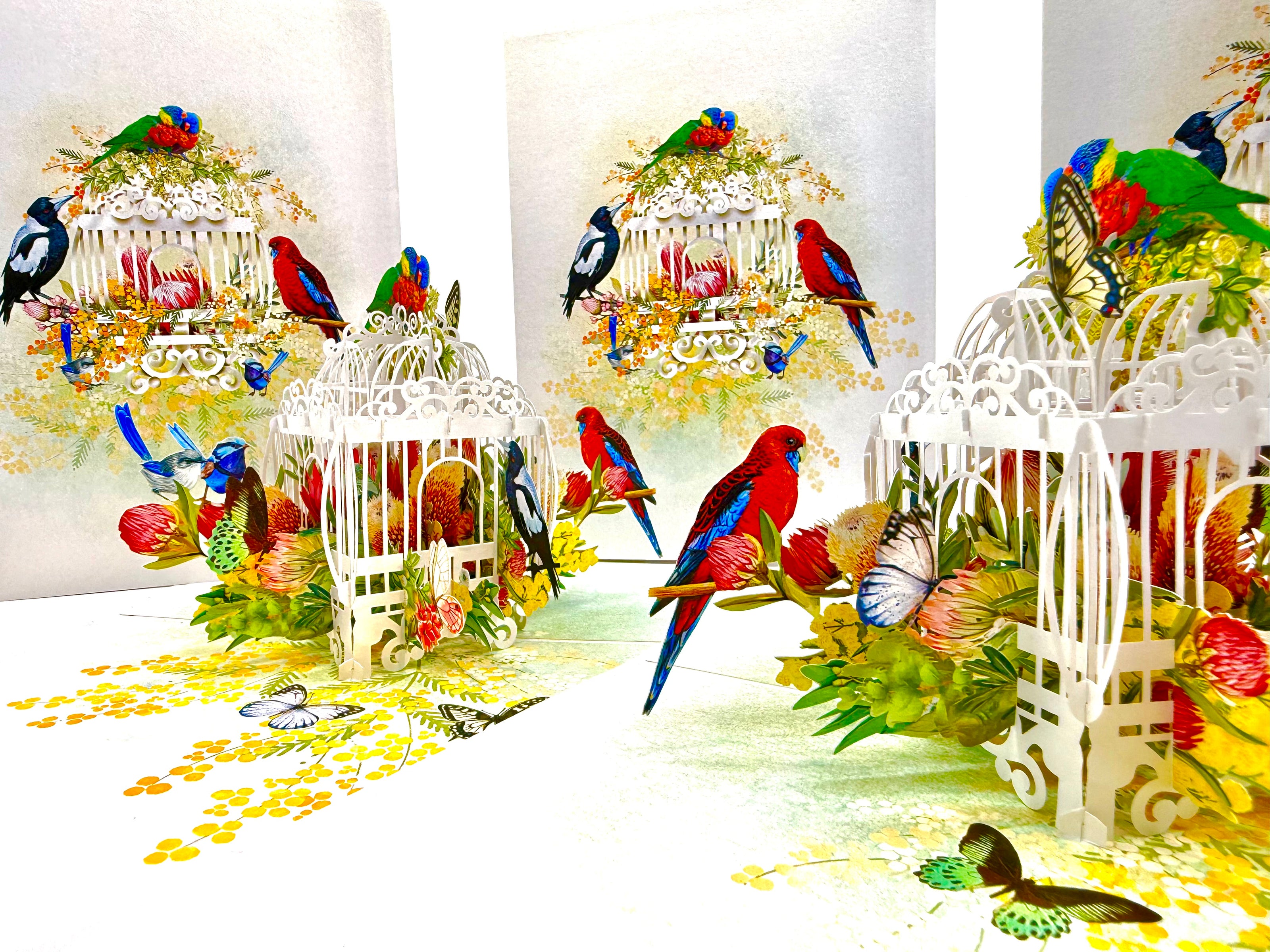 Australian Native Bird Cage with Flowers & Butterflies Origami Pop Cards 3D Pop Up Greeting Card Celebrate Happy Birthday Thank You Handmade Best Wishes Gift Thinking of You Blank Card for Any Occasion Happy Mother's Day Happy Father's Day Australiana