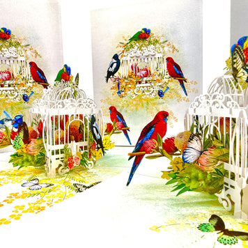 Australian Native Bird Cage with Flowers & Butterflies Origami Pop Cards 3D Pop Up Greeting Card Celebrate Happy Birthday Thank You Handmade Best Wishes Gift Thinking of You Blank Card for Any Occasion Happy Mother's Day Happy Father's Day Australiana