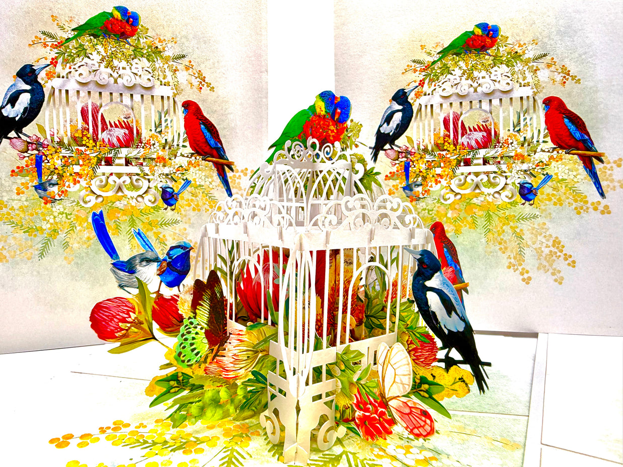 Australian Native Bird Cage with Flowers & Butterflies Origami Pop Cards 3D Pop Up Greeting Card Celebrate Happy Birthday Thank You Handmade Best Wishes Gift Thinking of You Blank Card for Any Occasion Happy Mother's Day Happy Father's Day Australiana